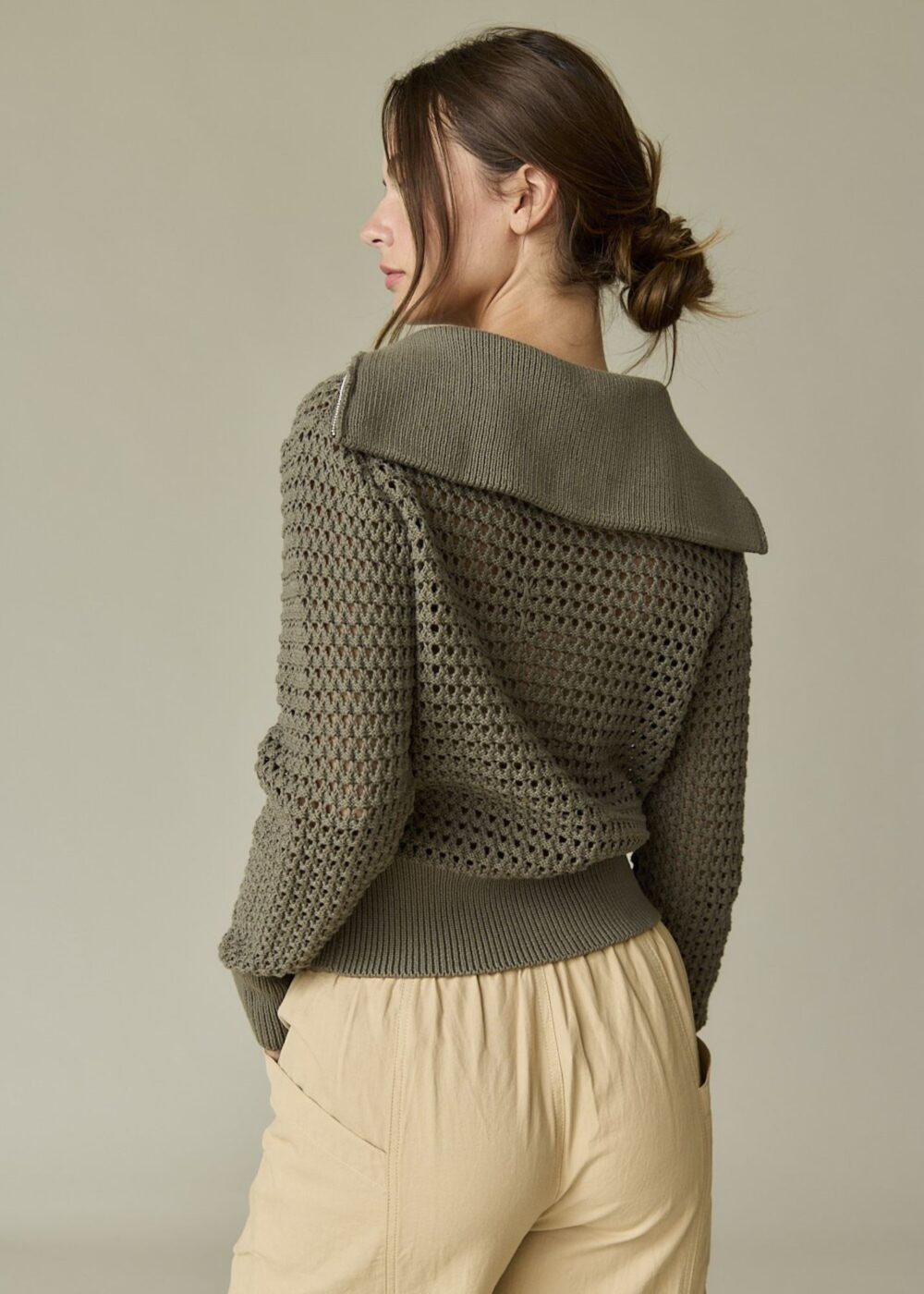 OLIVE GREEN OPEN KNIT ZIP UP CARDIGAN