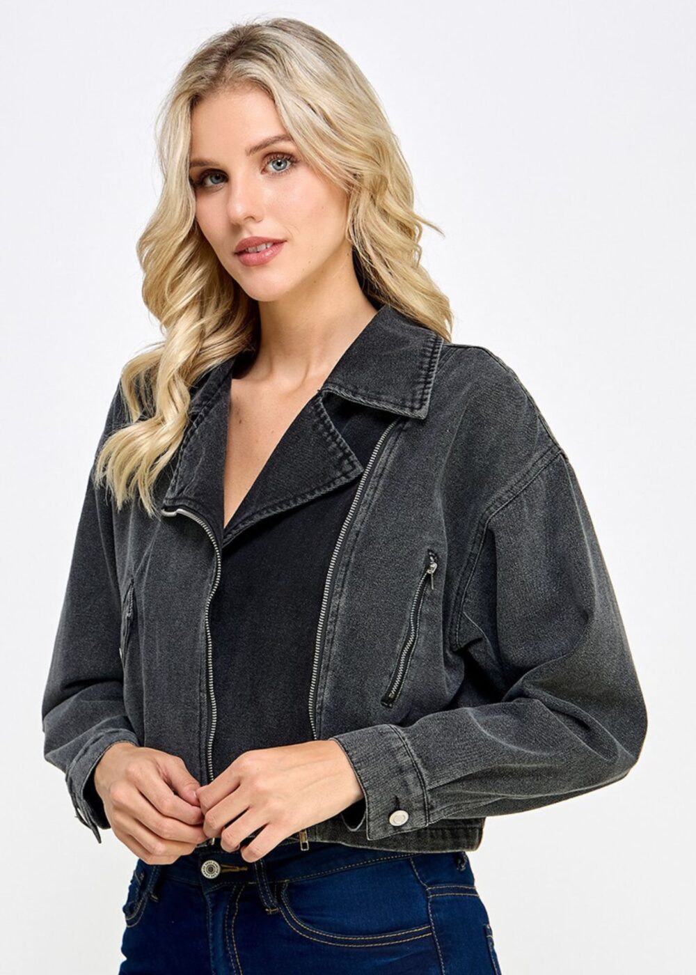 CHARCOAL DENIM MOTO JACKET