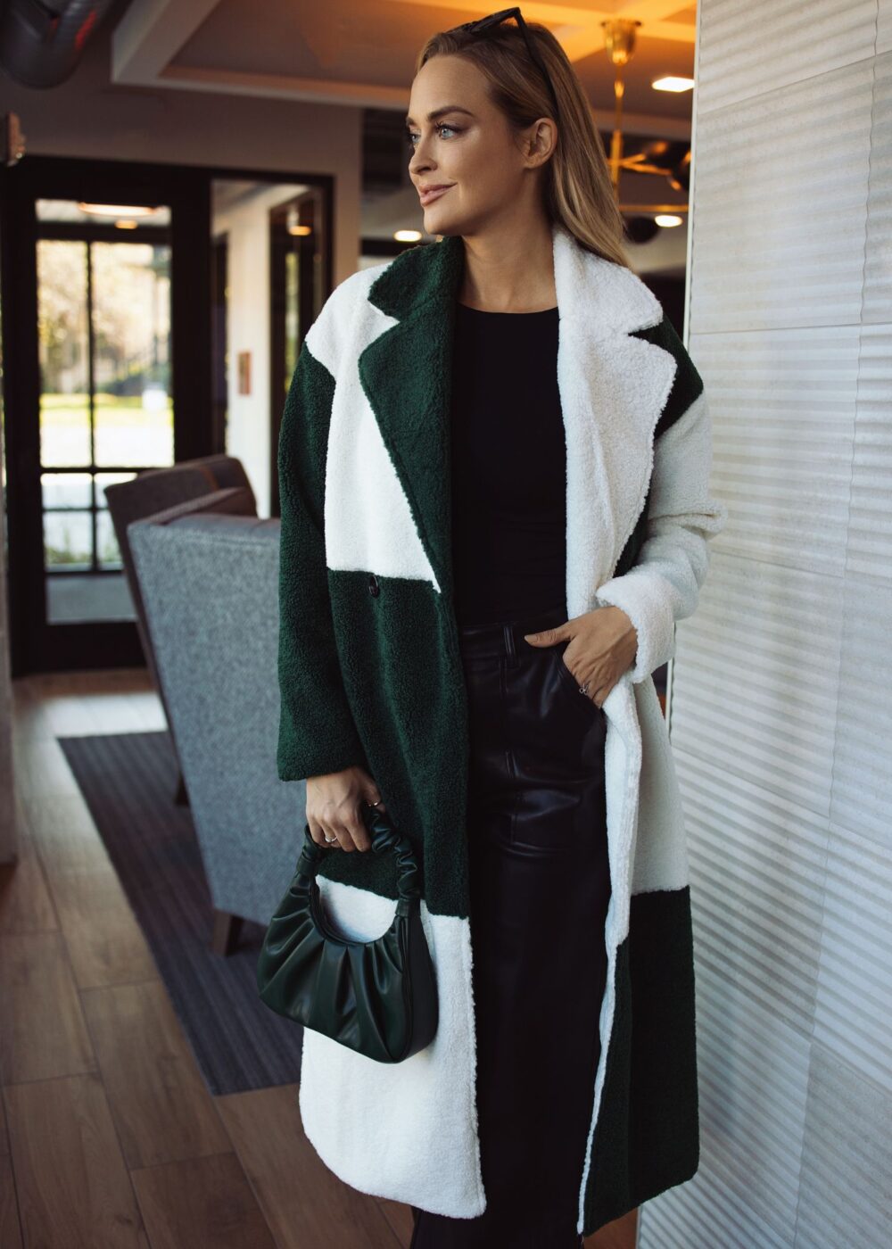 WHITE AND GREEN CHECKERED SHERPA COAT