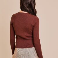 BROWN SWEATER TOP WITH SATIN BOW ACCENTS ON FRONT