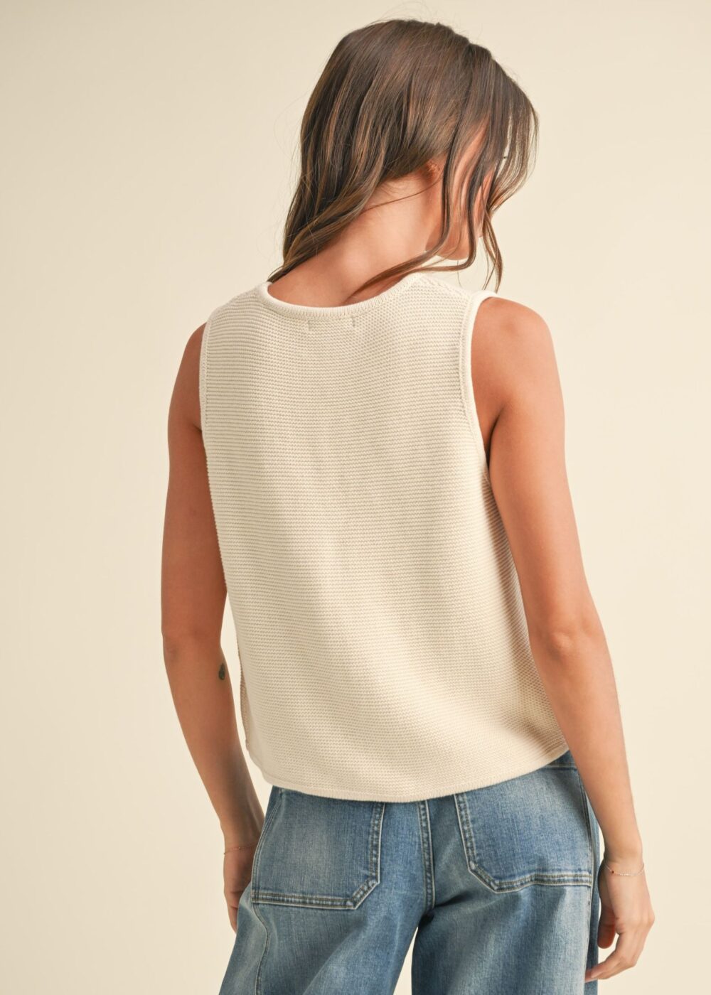 IVORY KNIT SLEEVELESS FRONT TIE TOP