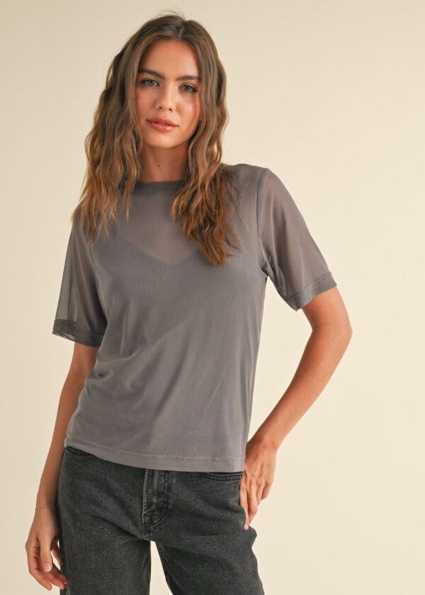 GREY SHORT SLEEVE MESH TOP