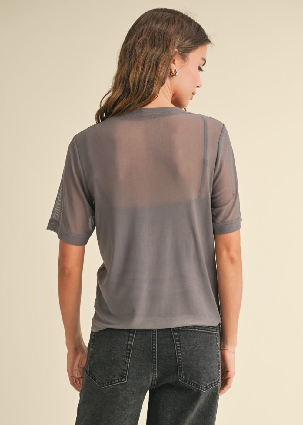 GREY SHORT SLEEVE MESH TOP