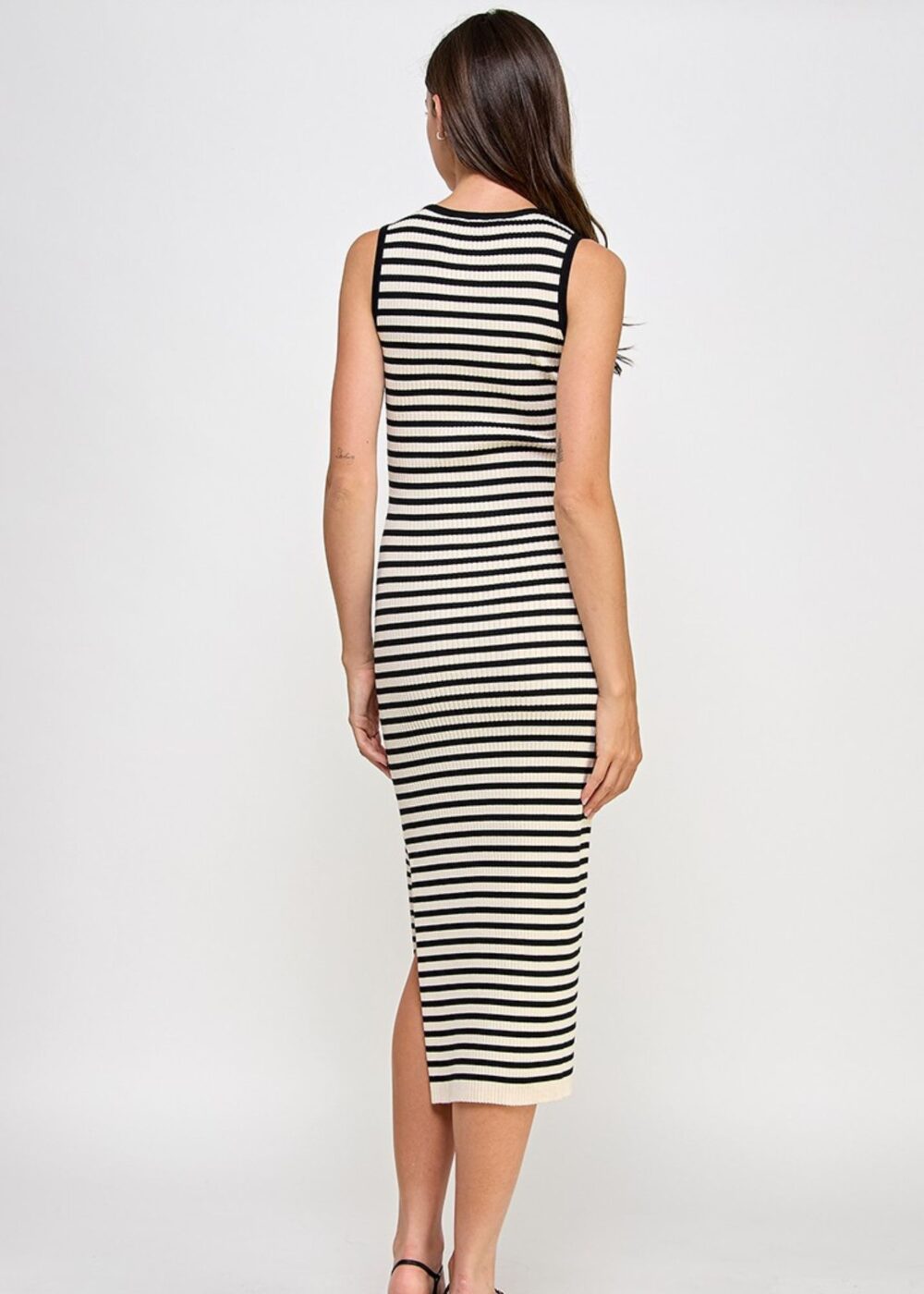 CREAM AND BLACK STRIPE KNIT MIDI DRESS