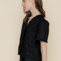 BLACK SHORT SLEEVE RUFFLED TRIM BUTTON UP TOP