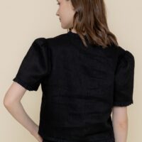 BLACK SHORT SLEEVE RUFFLED TRIM BUTTON UP TOP