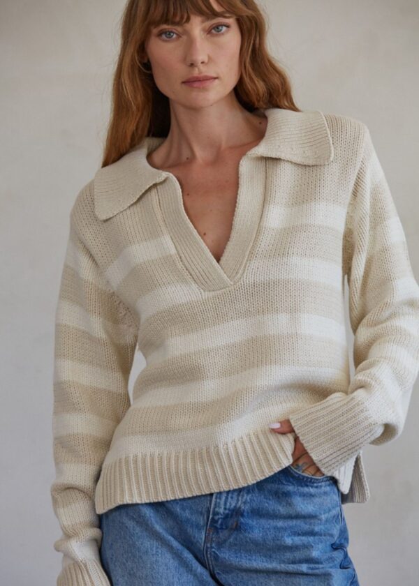 TAUPE AND WHITE STRIPE COLLARED V-NECK SWEATER