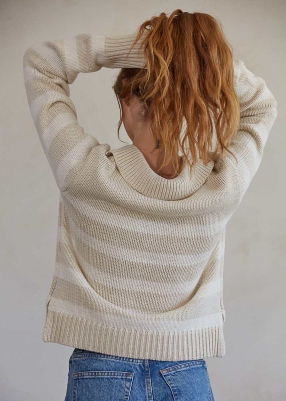 TAUPE AND WHITE STRIPE COLLARED V-NECK SWEATER