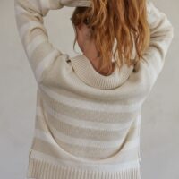 TAUPE AND WHITE STRIPE COLLARED V-NECK SWEATER