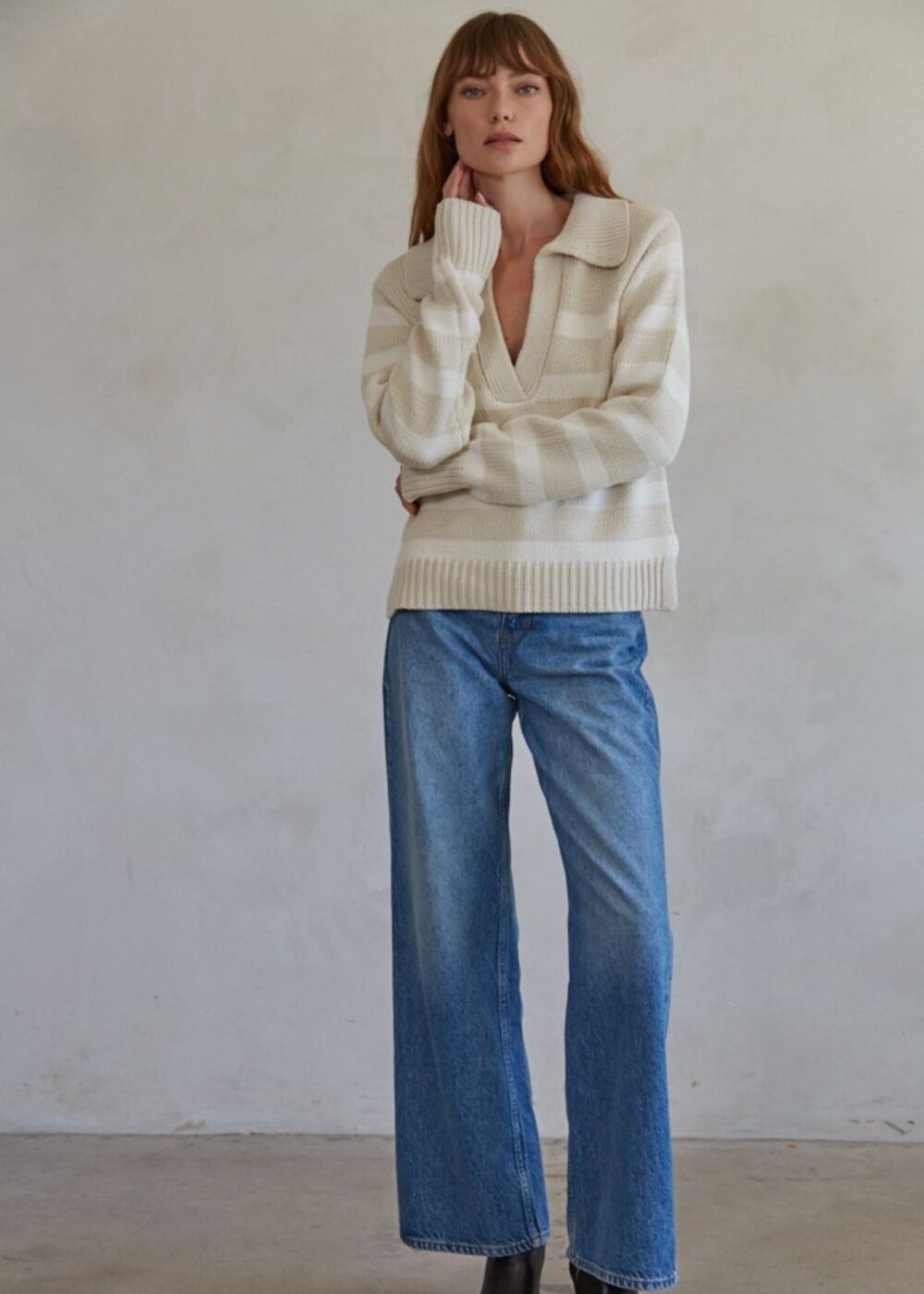 TAUPE AND WHITE STRIPE COLLARED V-NECK SWEATER