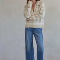 TAUPE AND WHITE STRIPE COLLARED V-NECK SWEATER