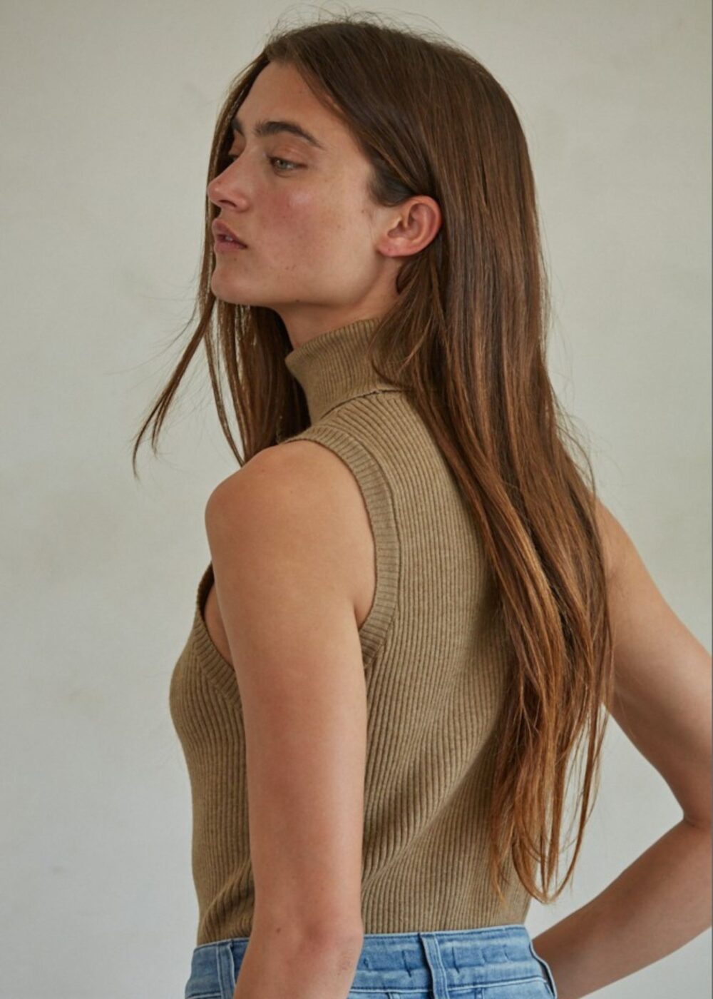 BROWN SLEEVELESS TURTLENECK TOP