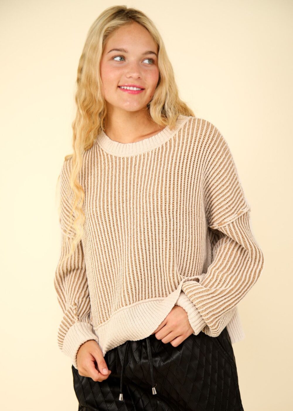 ECRU AND CAMEL VERTICAL STRIPE SWEATER