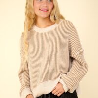 ECRU AND CAMEL VERTICAL STRIPE SWEATER