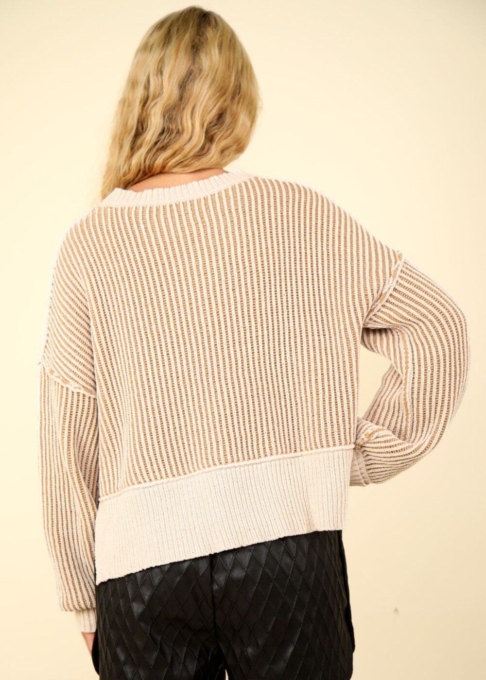 ECRU AND CAMEL VERTICAL STRIPE SWEATER