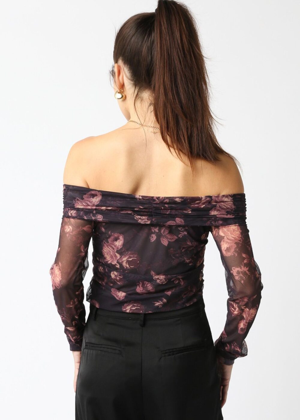 OFF THE SHOULDER FLORAL MESH BODYSUIT