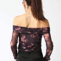 OFF THE SHOULDER FLORAL MESH BODYSUIT