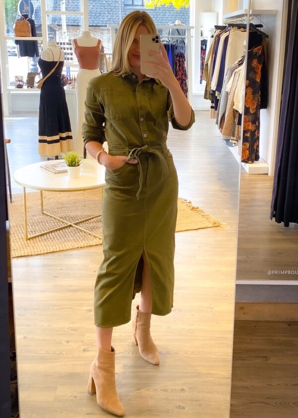 OLIVE GREEN DENIM MIDI DRESS