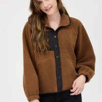 BROWN SHERPA JACKET WITH BLACK COLOR BLOCK ACCENT