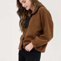 BROWN SHERPA JACKET WITH BLACK COLOR BLOCK ACCENT