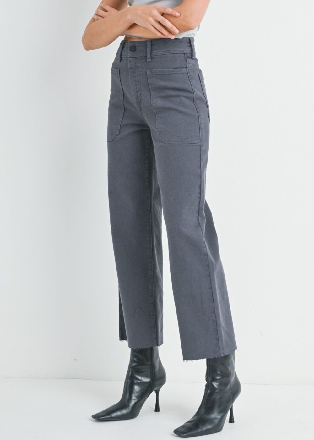 CHARCOAL GREY WIDE LEG JEANS WITH UTILITY POCKETS