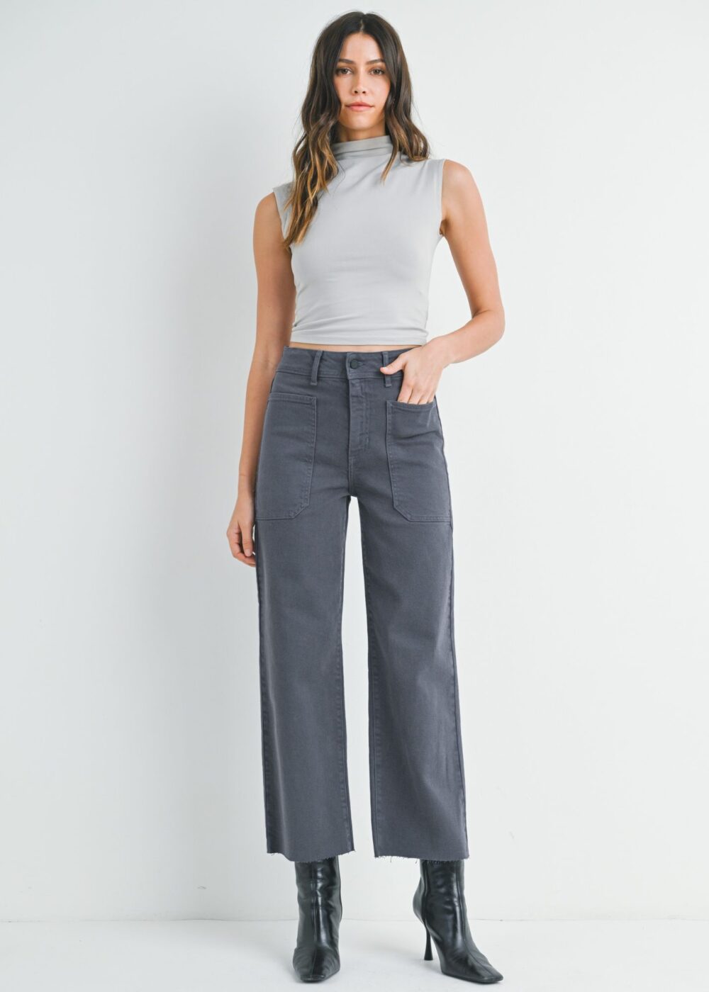 CHARCOAL GREY WIDE LEG JEANS WITH UTILITY POCKETS