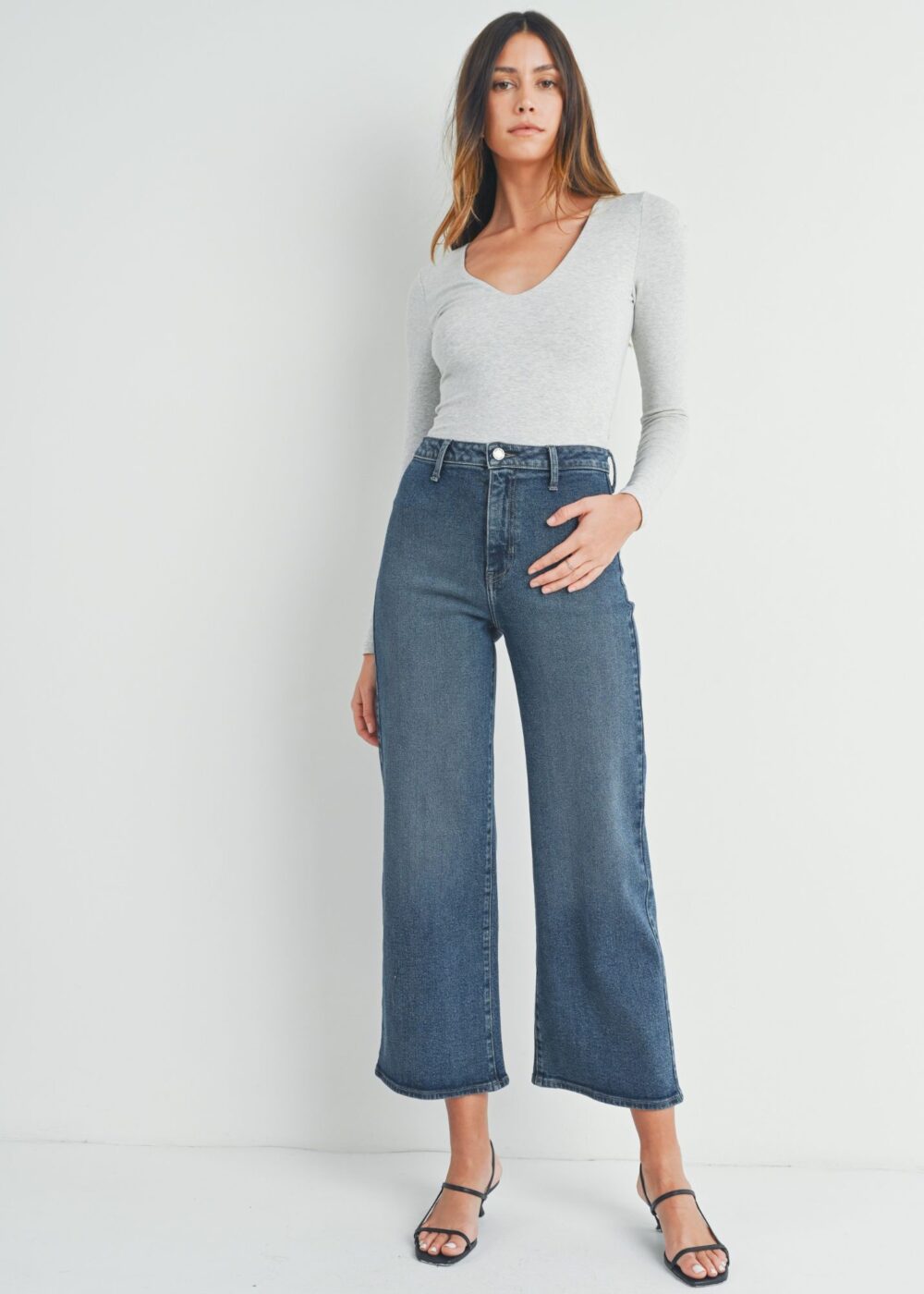 DARK WASH CROPPED WIDE LEG JEANS