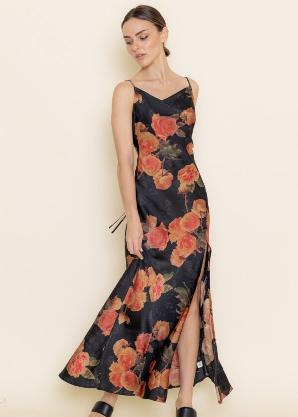 BLACK AND ORANGE FLORAL SLIP DRESS