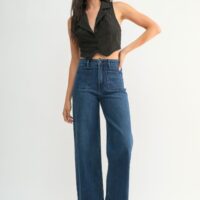 DARK WASH WIDE LEG JEANS WITH MINI PATCH POCKETS