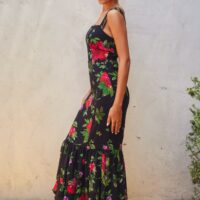 BLACK, RED, AND PURPLE FLORAL PRINT MERMAID DRESS