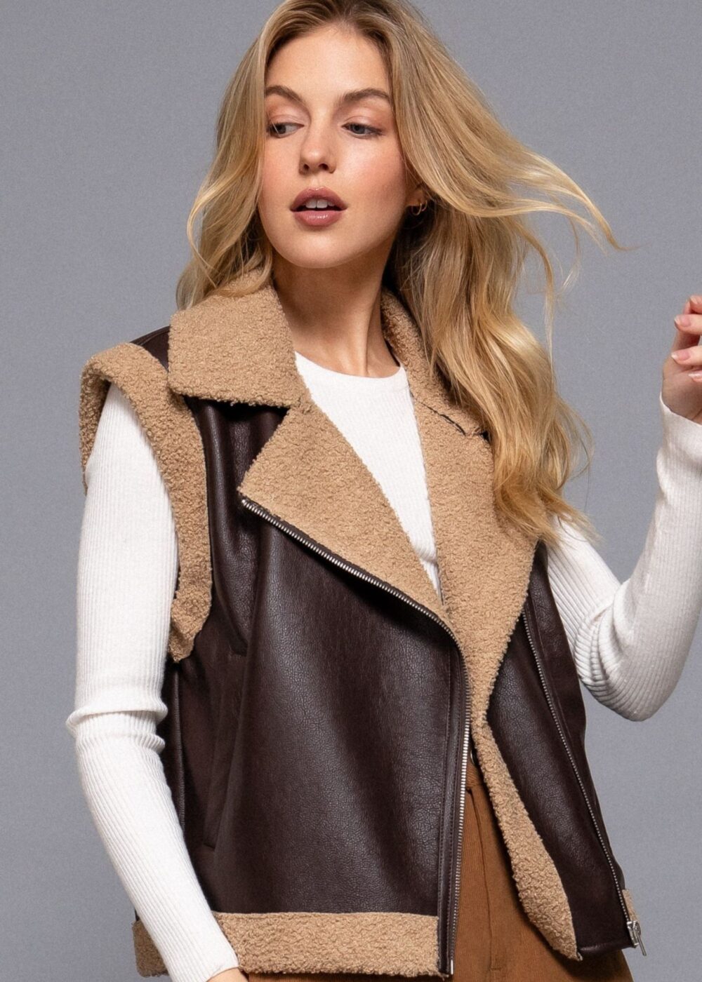 DARK BROWN FAUX LEATHER VEST WITH TAN SHERPA TRIM