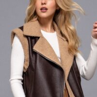 DARK BROWN FAUX LEATHER VEST WITH TAN SHERPA TRIM