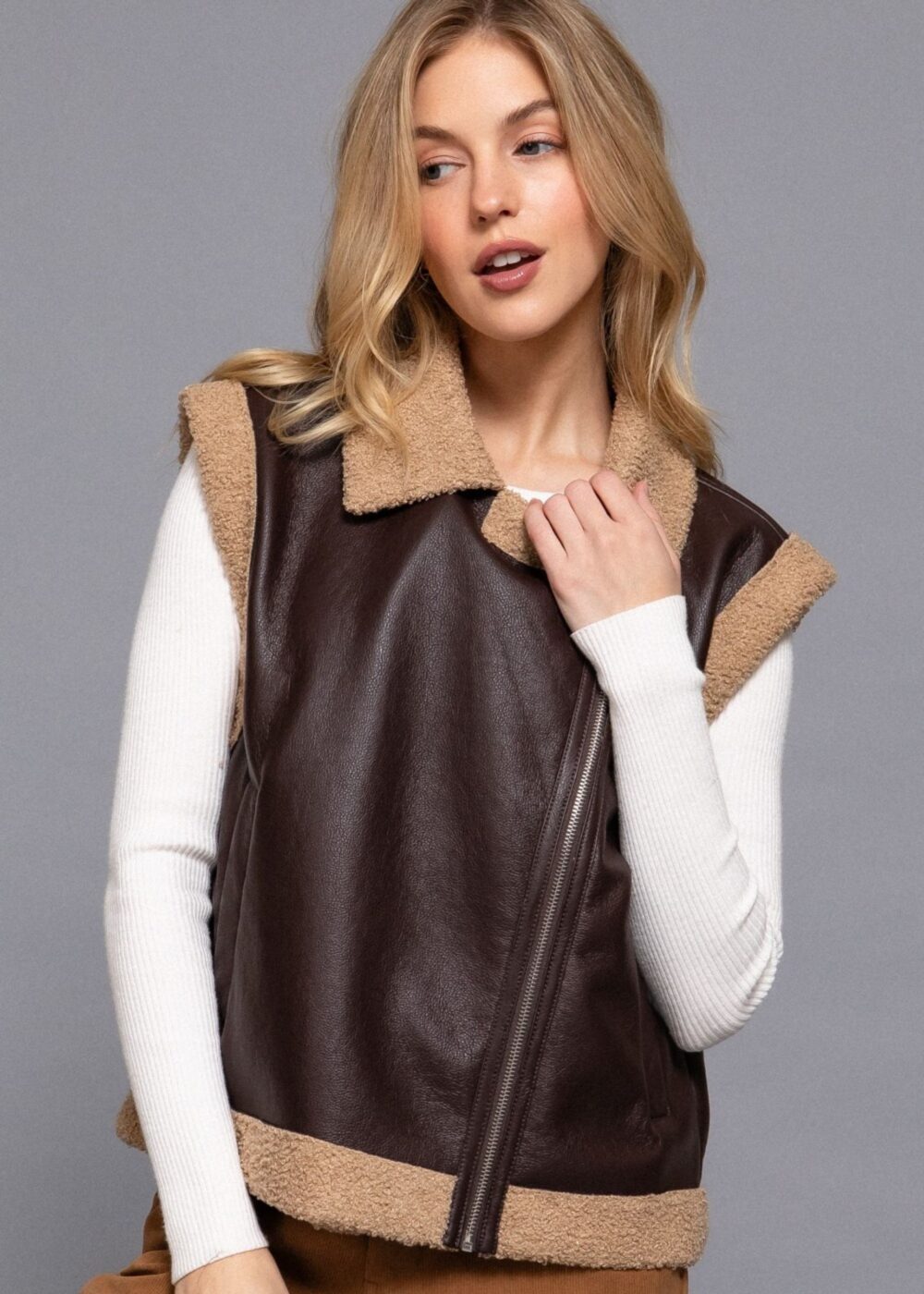 DARK BROWN FAUX LEATHER VEST WITH TAN SHERPA TRIM