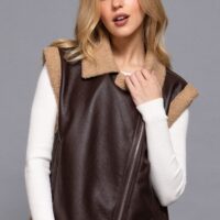 DARK BROWN FAUX LEATHER VEST WITH TAN SHERPA TRIM