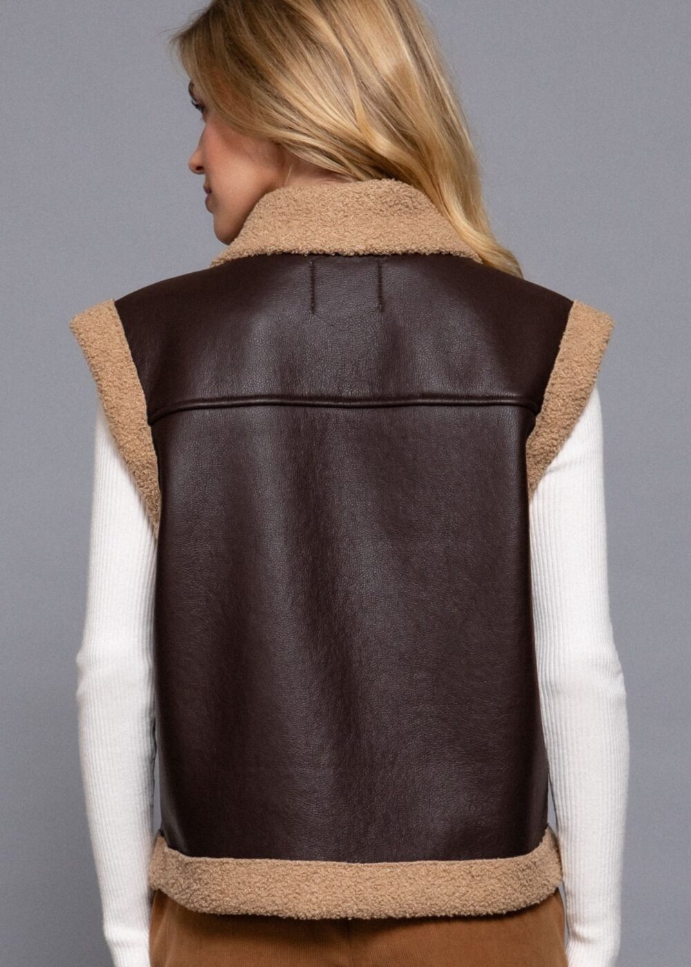 DARK BROWN FAUX LEATHER VEST WITH TAN SHERPA TRIM