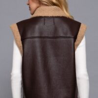 DARK BROWN FAUX LEATHER VEST WITH TAN SHERPA TRIM