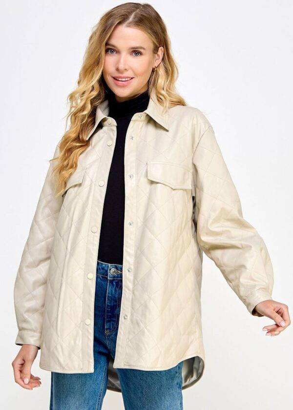 BEIGE QUILTED FAUX LEATHER JACKET