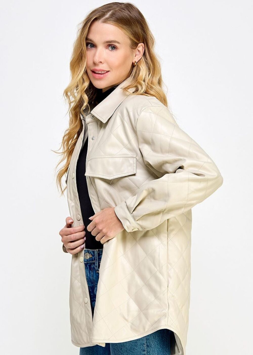 BEIGE QUILTED FAUX LEATHER JACKET