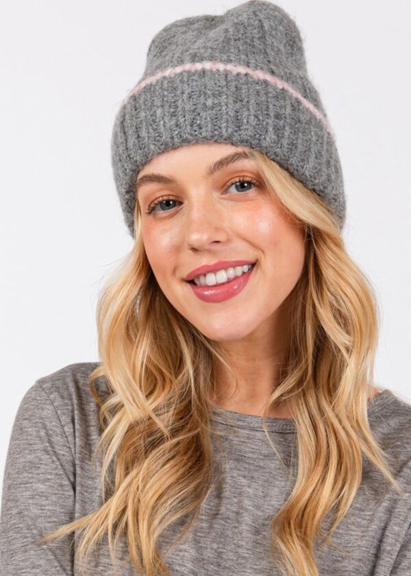 GREY BEANIE WITH PINK STRIPE