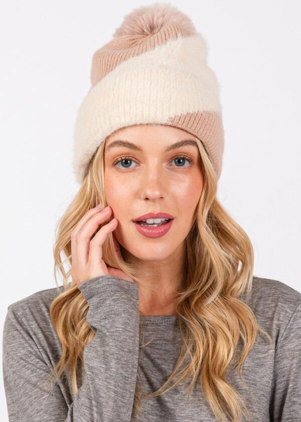 BLUSH PINK AND IVORY COLOR BLOCK BEANIE