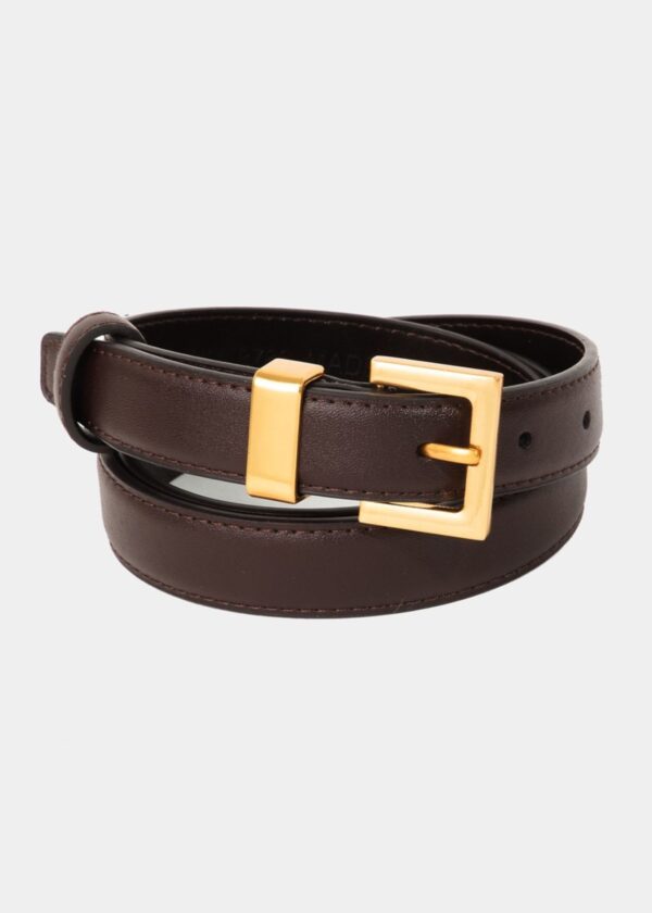 BROWN FAUX LEATHER BELT WITH GOLD SQUARE BUCKLE