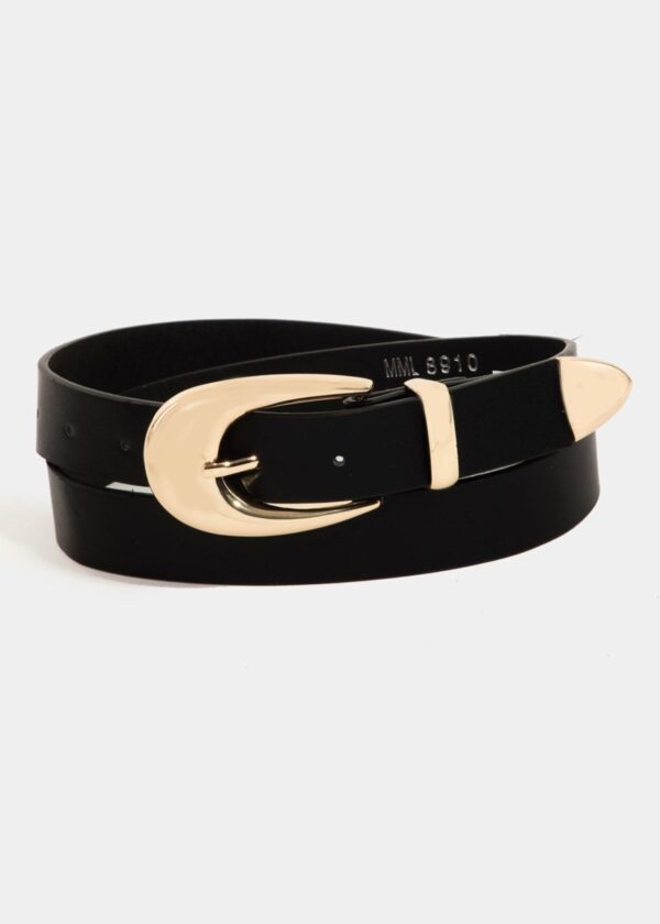 BLACK FAUX LEATHER BELT WITH GOLD BUCKLE