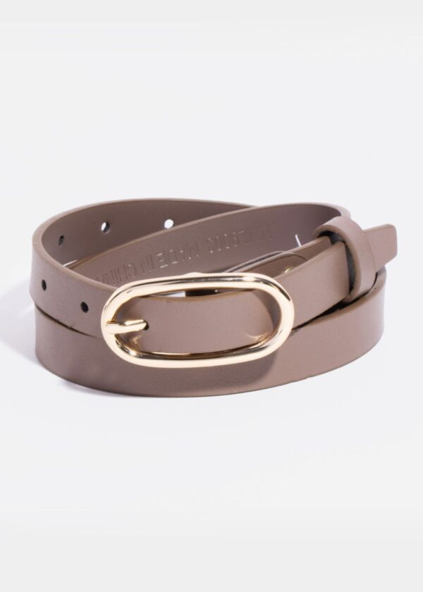 TAUPE THIN LEATHER BELT WITH GOLD OVAL BUCKLE