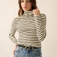 CREAM AND BLACK STRIPE TURTLENECK TOP