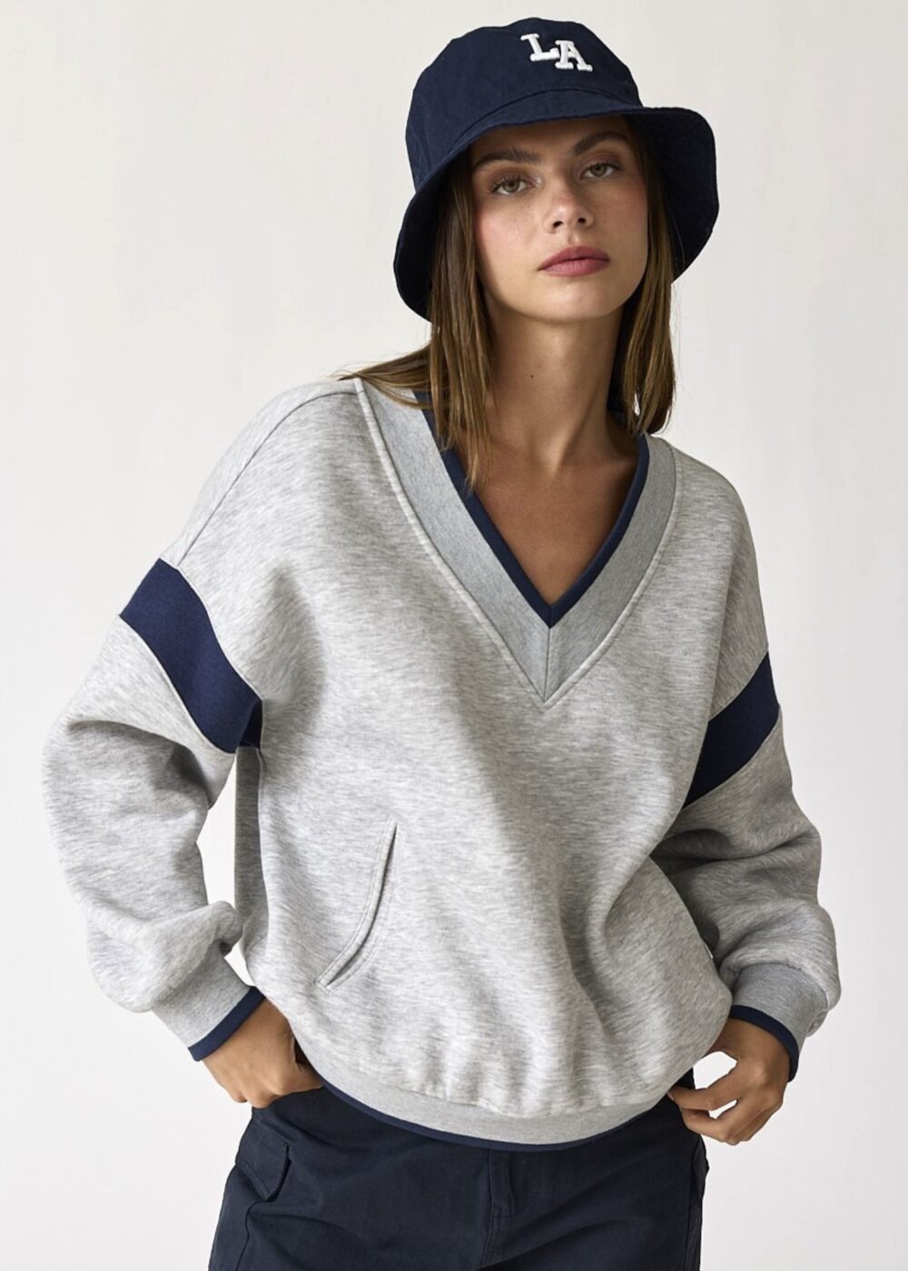 GREY SWEATSHIRT WITH NAVY BLUE CONTRAST DETAILS