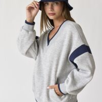 GREY SWEATSHIRT WITH NAVY BLUE CONTRAST DETAILS