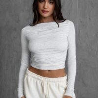 HEATHER WHITE RUCHED LONG SLEEVE TOP