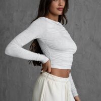 HEATHER WHITE RUCHED LONG SLEEVE TOP