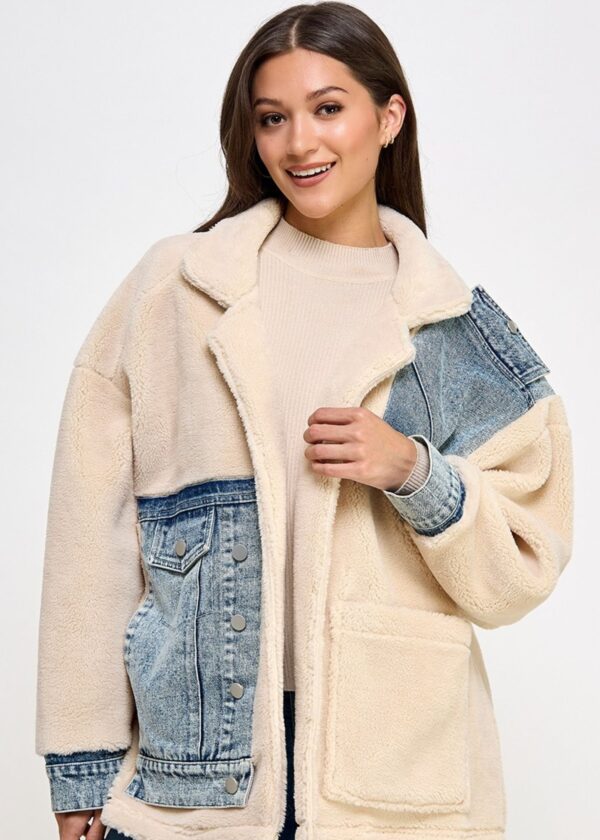 CREAM SHERPA AND LIGHT WASH DENIM CONTRAST JACKET