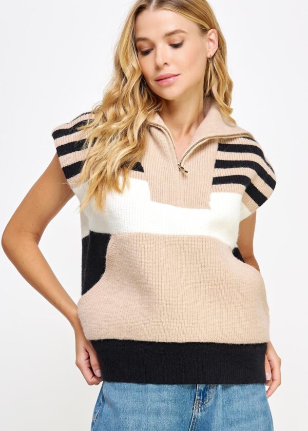 TAUPE, BLACK, AND IVORY STRIPE SWEATER VEST